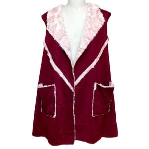 Davi & Dani Faux Suede Fur Long Vest Burgundy L